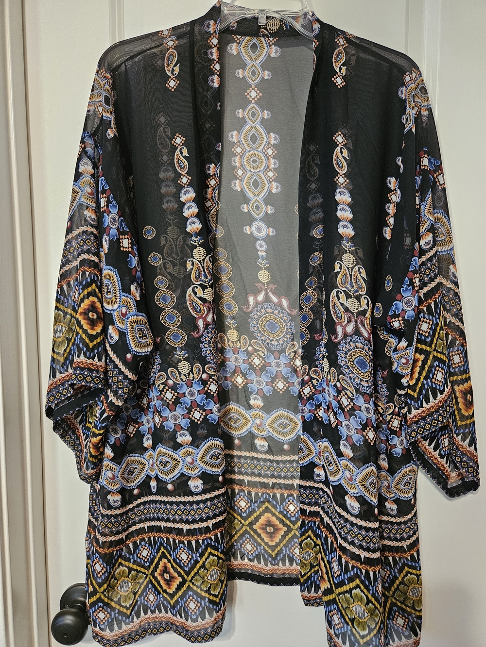 Sheer Black Boho-Print Kimono Cover-Up